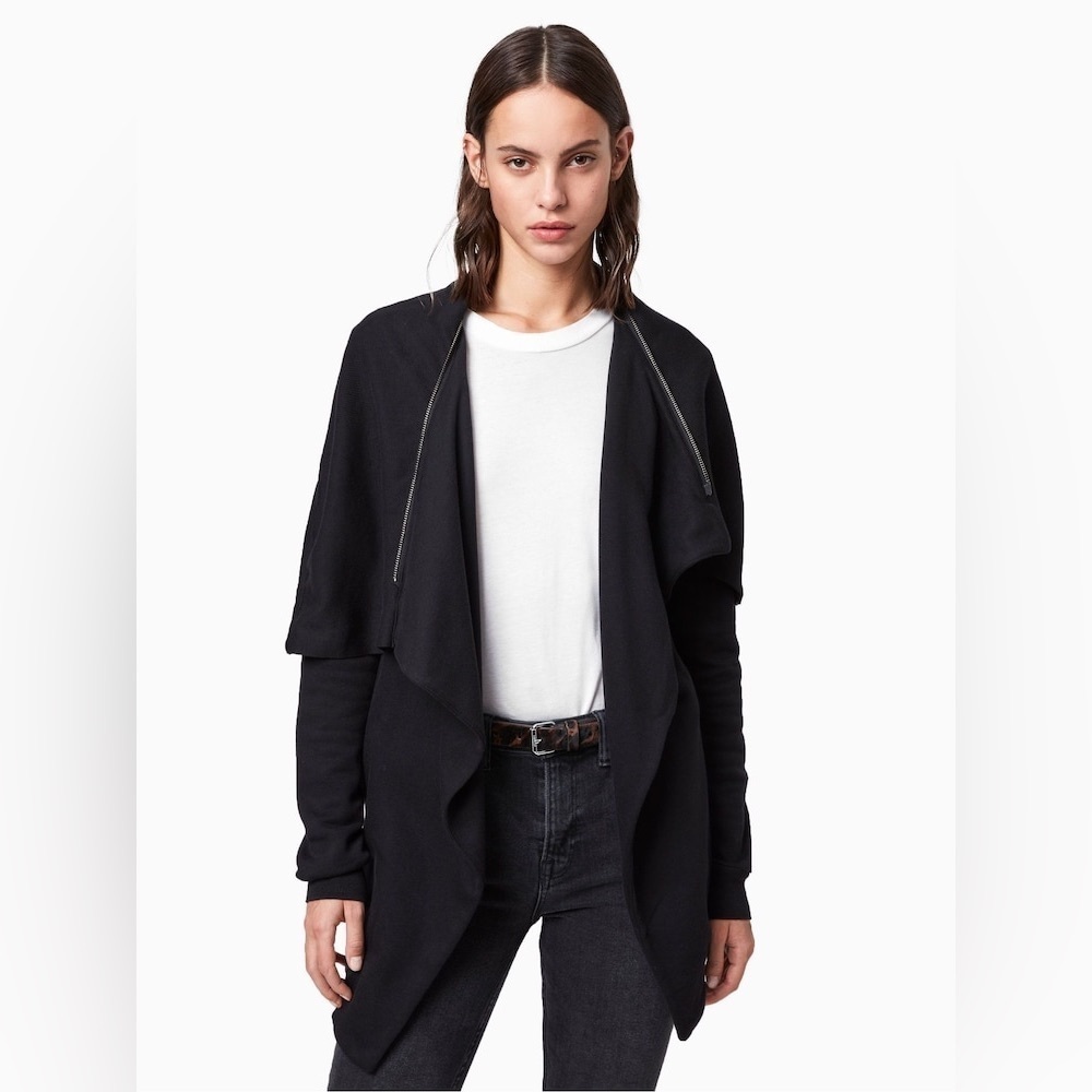 AllSaints Black Asymmetrical Draped Zip Jacket Medium | Whimsygoth | Medium